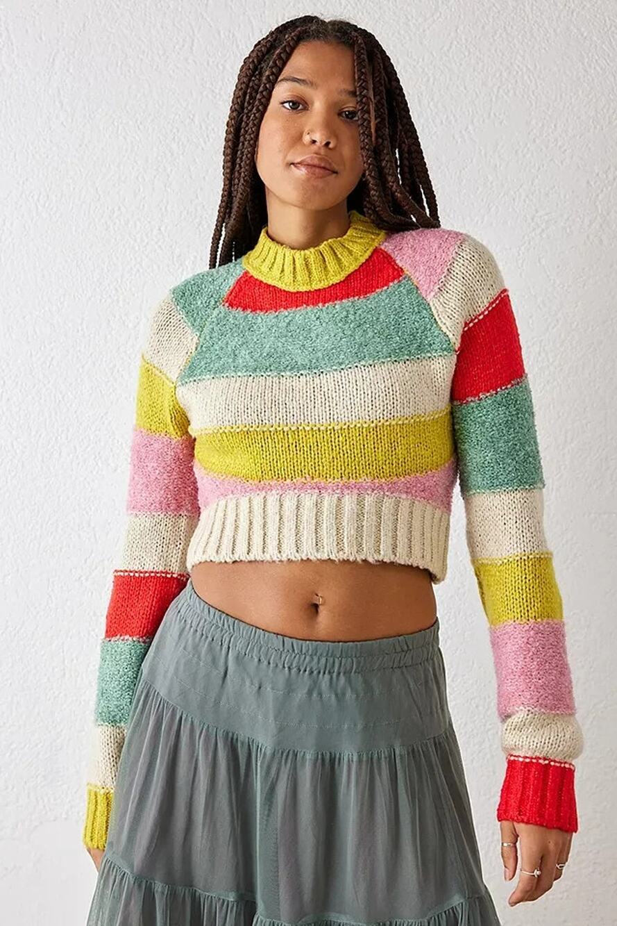 NWT Urban Outfitters Avery Cropped Sweater Womens S Multicolor Striped Textured